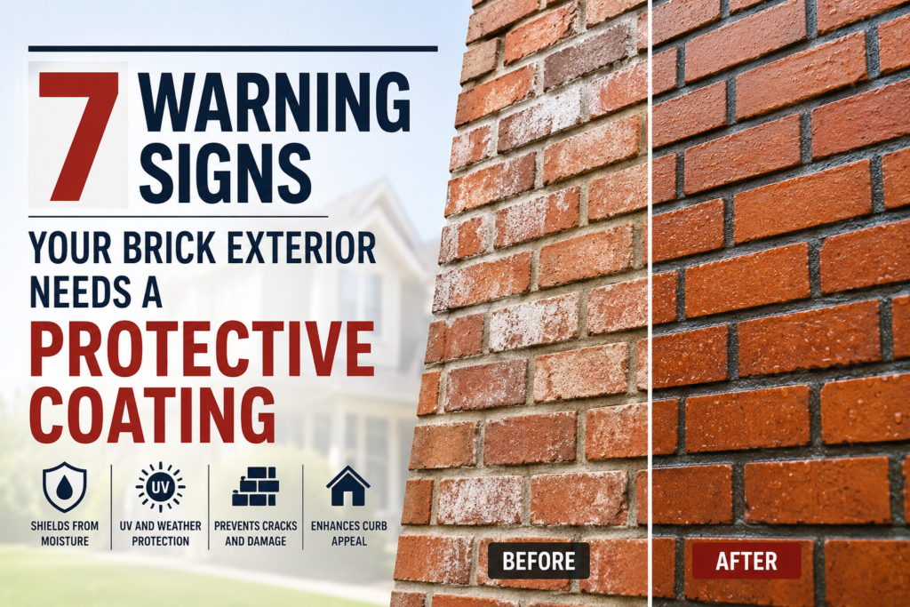 Featured image showing seven warning signs that a brick exterior needs a protective coating, with a before-and-after comparison of untreated and coated brick walls.