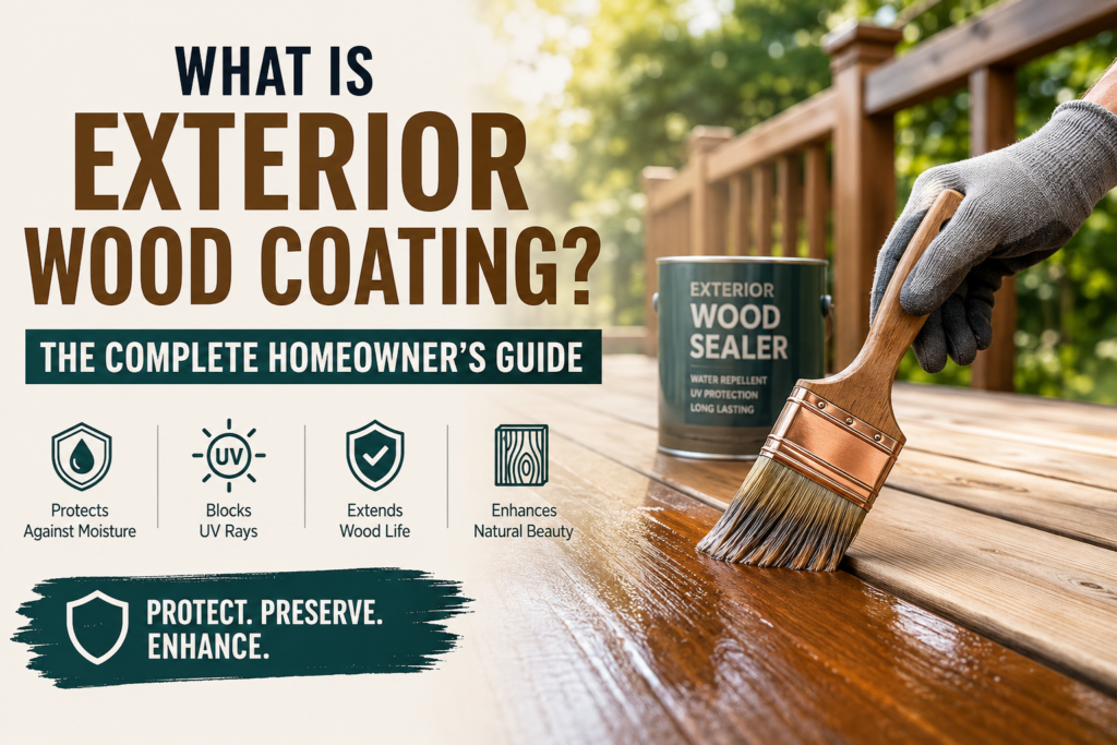 Hand applying exterior wood sealer to a wooden deck with guide title highlighting exterior wood coating benefits, including moisture protection, UV resistance, and longer-lasting wood.