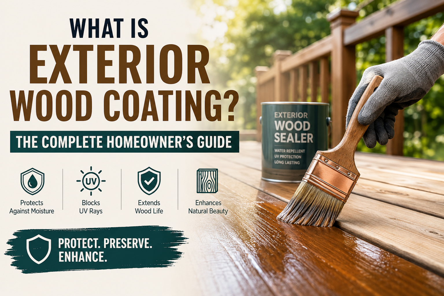 Hand applying exterior wood sealer to a wooden deck with guide title highlighting exterior wood coating benefits, including moisture protection, UV resistance, and longer-lasting wood.