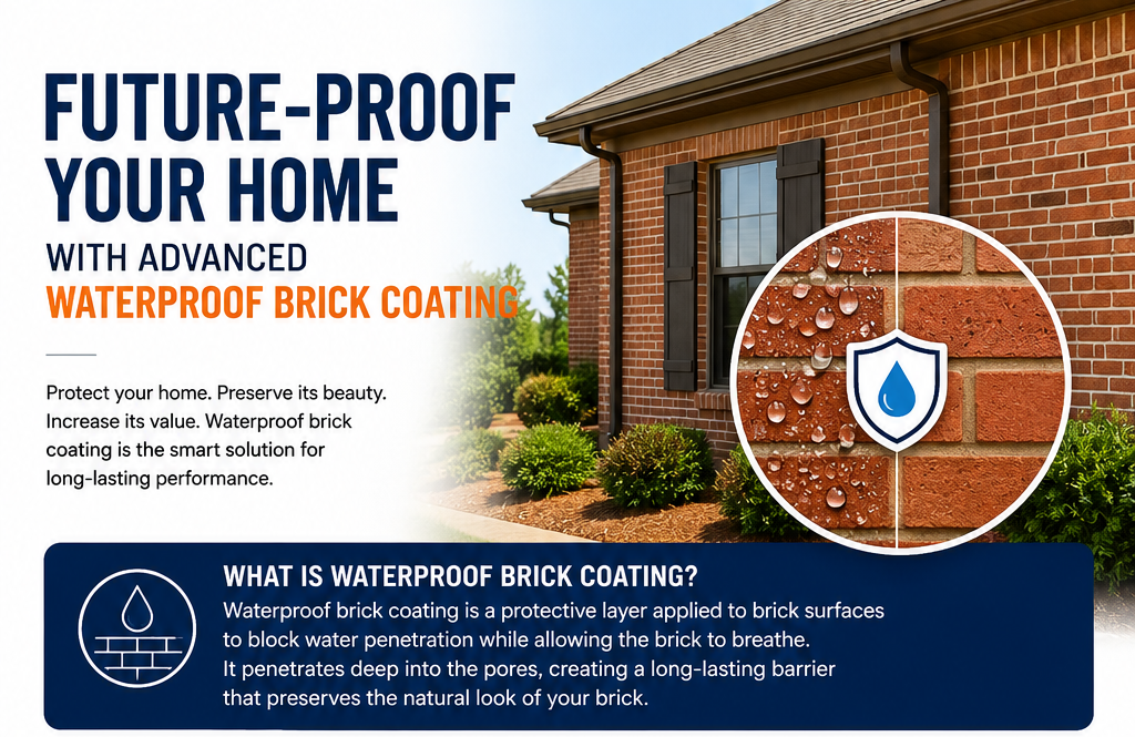 Modern brick house exterior with advanced waterproof brick coating, showing water-repellent protection, moisture resistance, and long-lasting weatherproofing for home durability.
