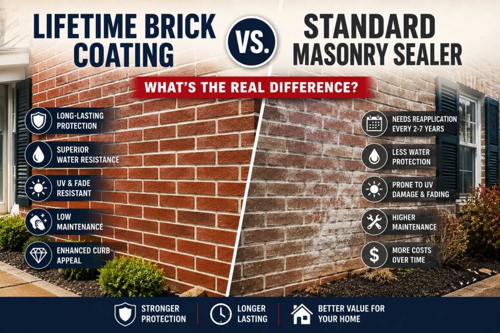 Lifetime Brick Coating vs. Standard Masonry Sealer on a residential brick wall, highlighting differences in durability, water resistance, UV protection, maintenance, longevity, and overall value for homeowners.