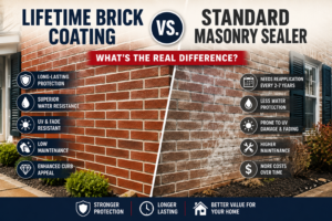 Lifetime Brick Coating vs. Standard Masonry Sealer on a residential brick wall, highlighting differences in durability, water resistance, UV protection, maintenance, longevity, and overall value for homeowners.