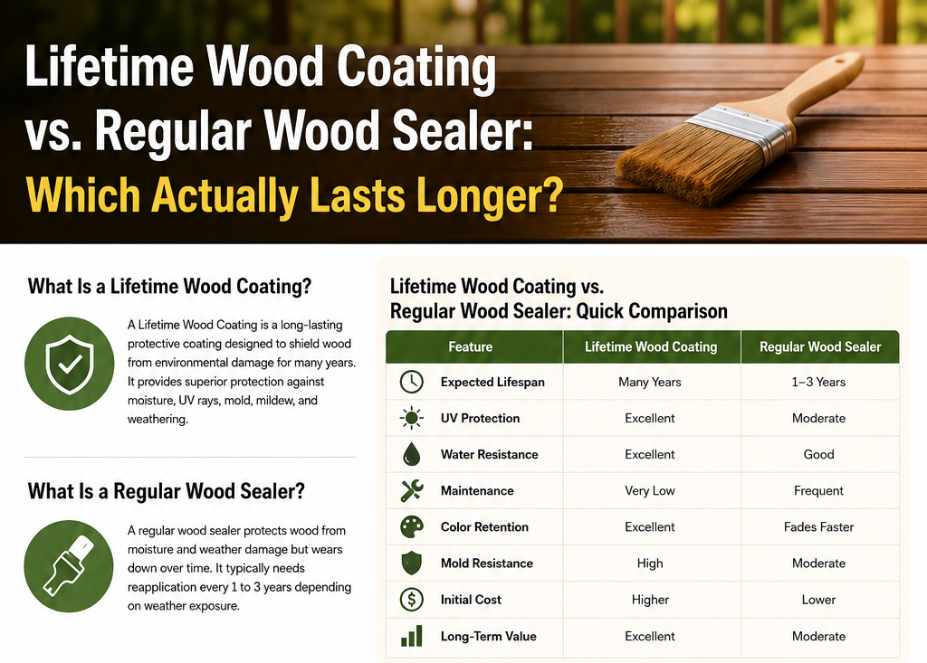 Lifetime Wood Coating vs. Regular Wood Sealer comparison infographic showing lifespan, durability, UV protection, moisture resistance, maintenance requirements, and long-term value for protecting exterior wood.