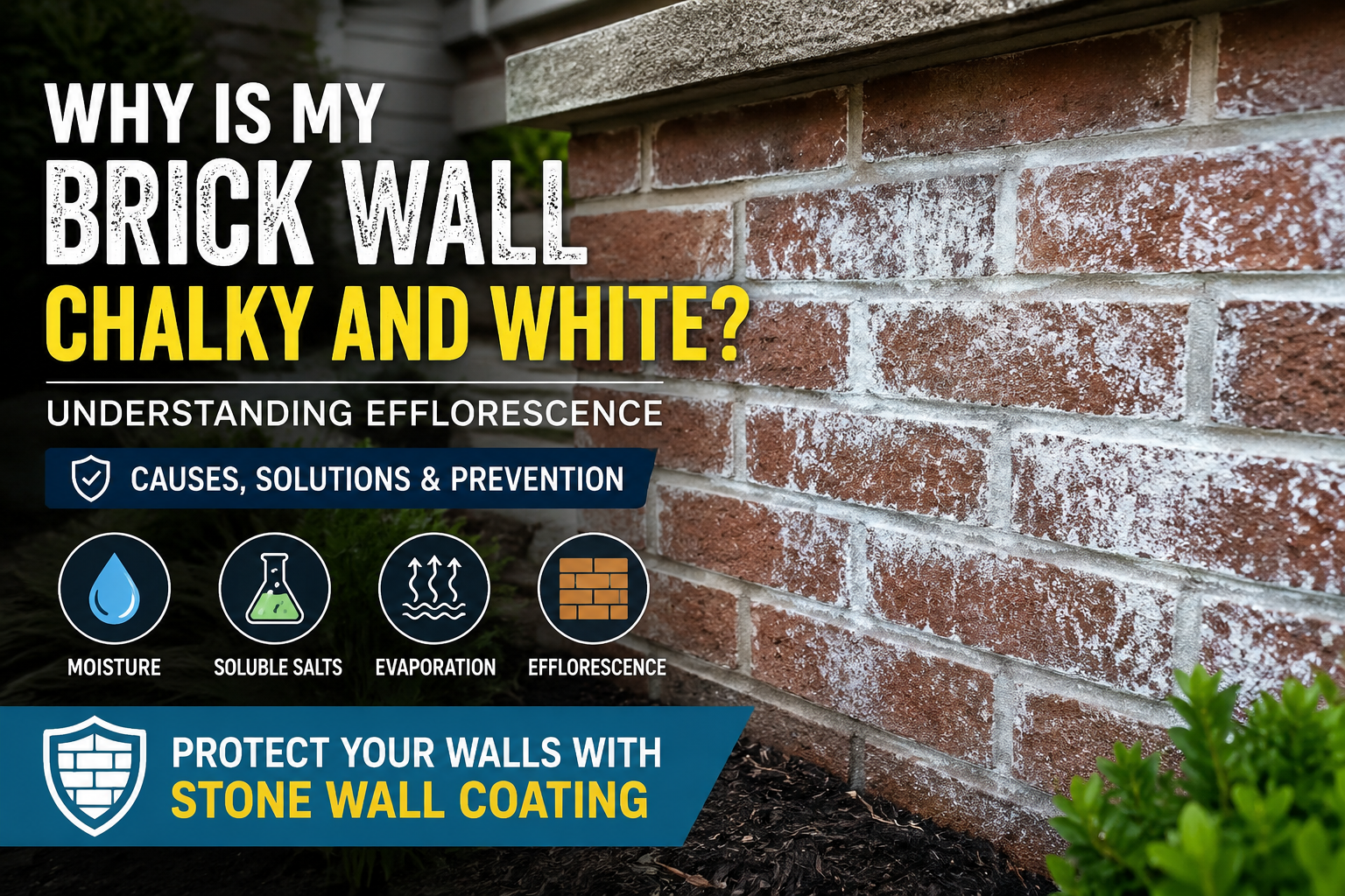 "Featured image showing a brick wall covered with white chalky efflorescence deposits, explaining the causes, prevention, and solutions for moisture-related masonry damage using protective stone wall coating.