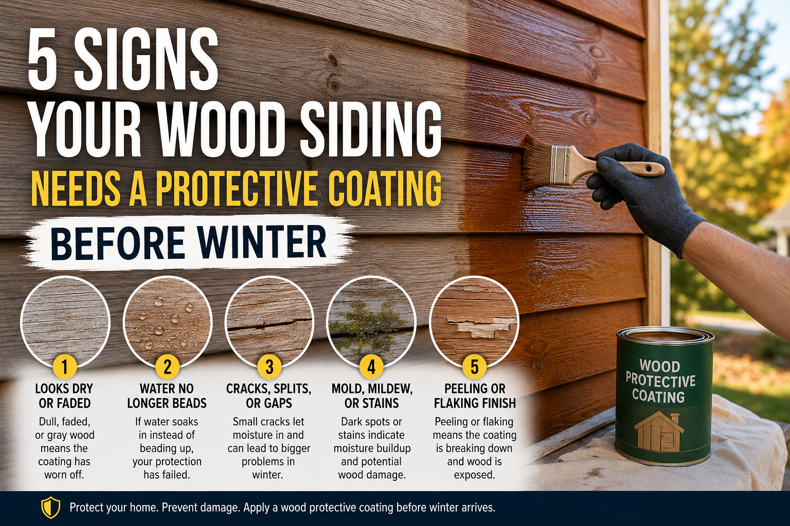 Wood siding receiving a wood protective coating before winter with five warning signs including faded wood, water absorption, cracks, mold, and peeling finish to help homeowners prevent weather damage.
