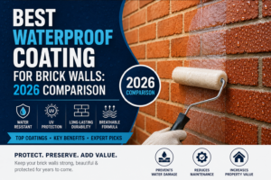 Best Waterproof Coating for Brick Walls 2026 comparison featured image showing a professional applying a waterproof coating with a paint roller to a red brick wall, highlighting water-resistant protection, UV resistance, long-lasting durability, and breathable masonry coating for exterior brick walls.
