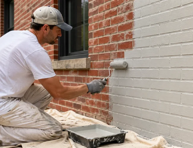 Professional contractor applying protective white brick coating to an exterior brick wall of a residential home using a paint roller.