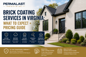 Modern white brick home showcasing premium brick coating services in Virginia with the headline 'Brick Coating Services in Virginia: What to Expect + Pricing Guide' by Permalast Industries.