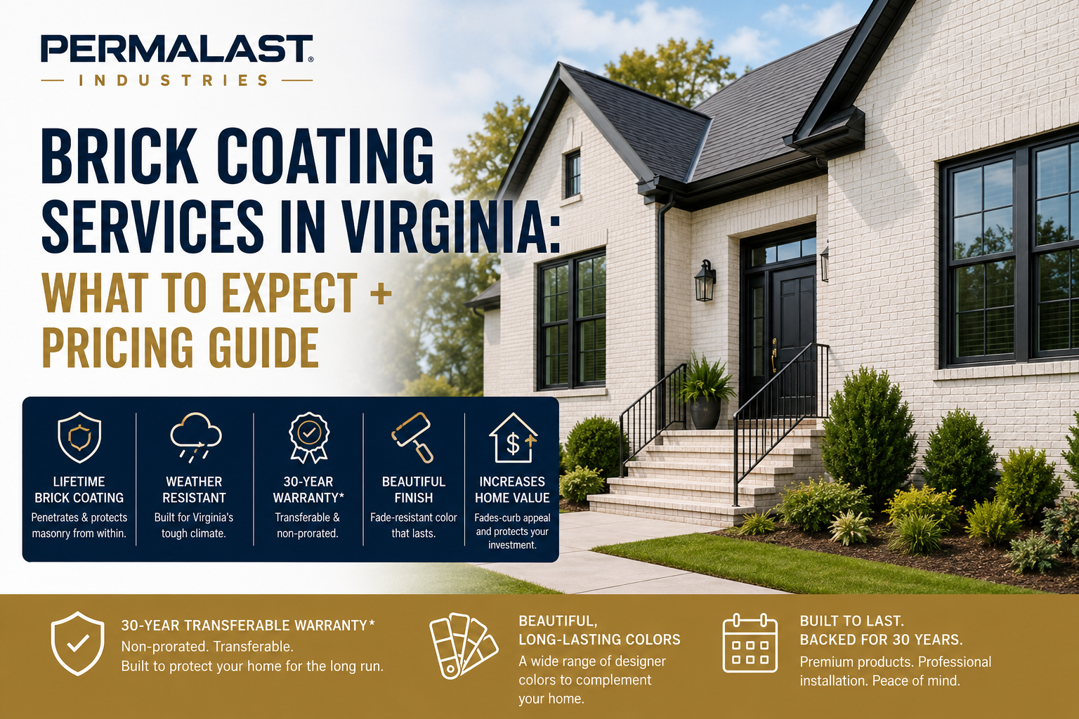 Modern white brick home showcasing premium brick coating services in Virginia with the headline 'Brick Coating Services in Virginia: What to Expect + Pricing Guide' by Permalast Industries.