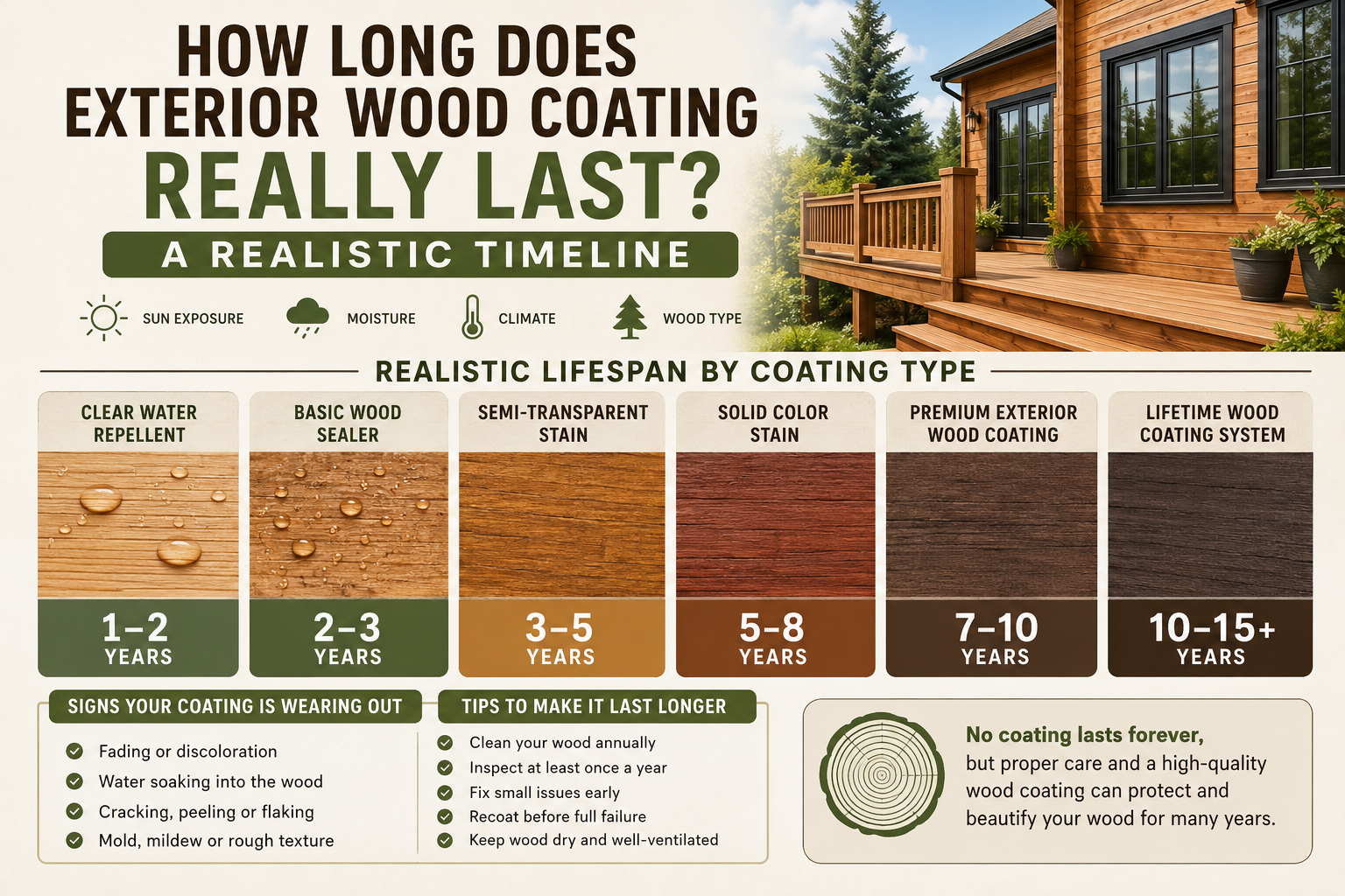 Infographic showing how long exterior wood coating lasts, comparing coating types from 1–15+ years with maintenance tips, wear signs, and a modern wood home exterior.