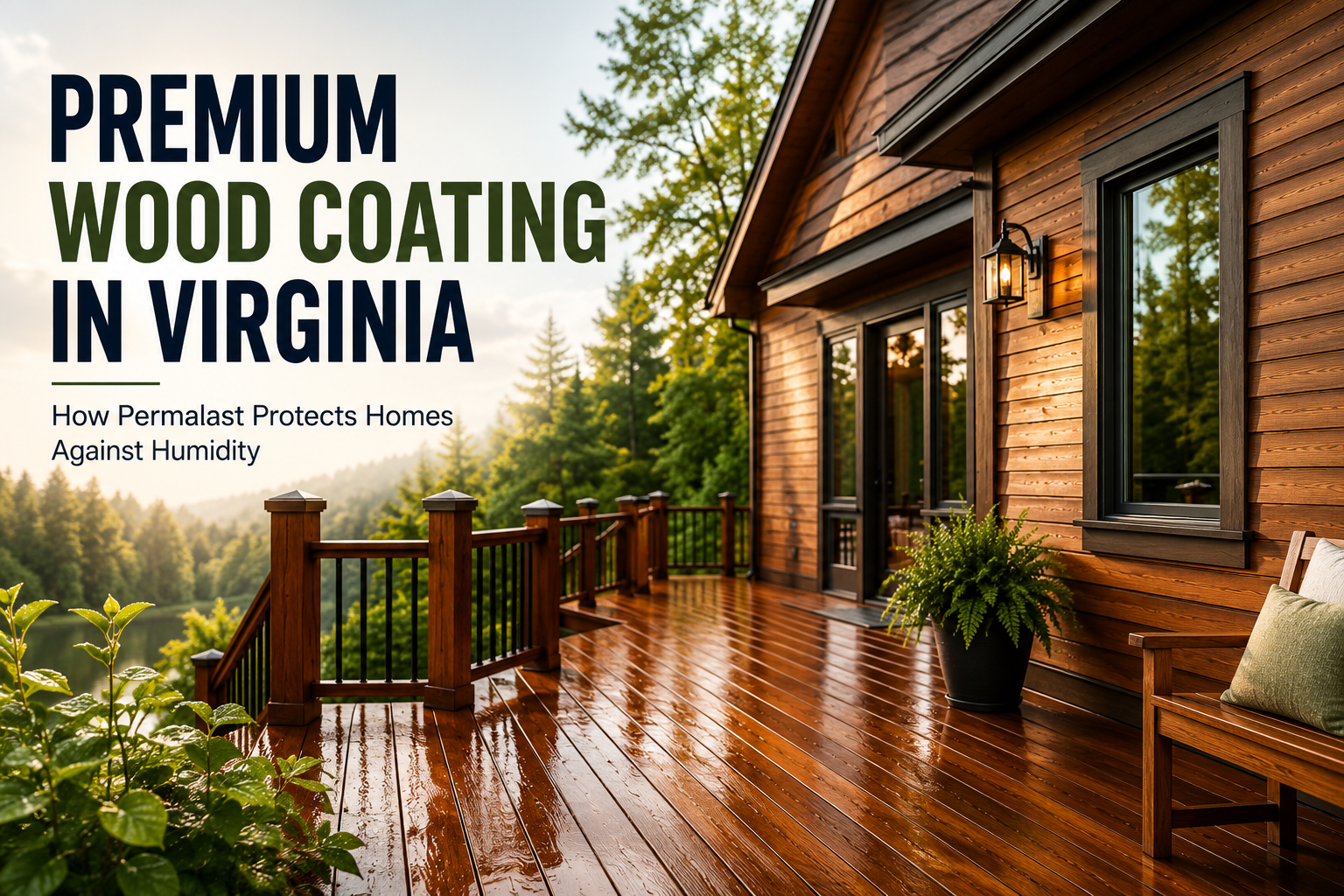 Premium wood-coated Virginia home with a protected wooden deck showcasing Permalast's humidity-resistant exterior wood coating.