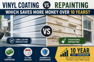 Long-lasting vinyl coating vs repainting comparison showing 10-year cost, durability, and maintenance differences.