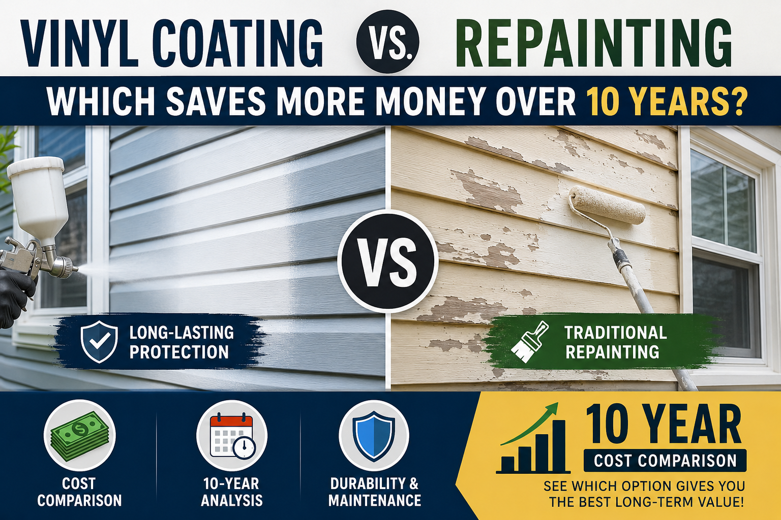 Long-lasting vinyl coating vs repainting comparison showing 10-year cost, durability, and maintenance differences.