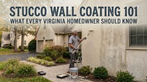 Virginia homeowner guide to stucco wall coating showing a professional contractor applying weather-resistant exterior masonry coating to a stucco house wall.