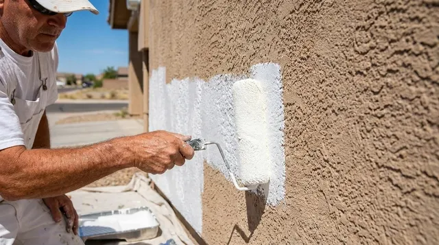 Professional contractor applying exterior stucco wall coating using a paint roller for home waterproofing and restoration.