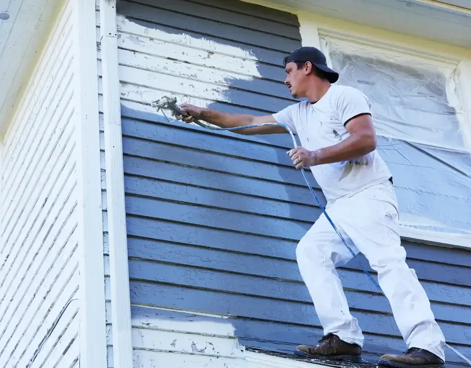 Professional applying protective coating to blue vinyl siding on a home.