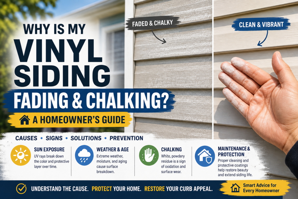 Vinyl siding fading and chalking on a home, showing causes, signs, solutions, and maintenance tips for homeowners.