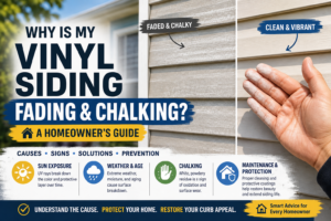 Vinyl siding fading and chalking on a home, showing causes, signs, solutions, and maintenance tips for homeowners.