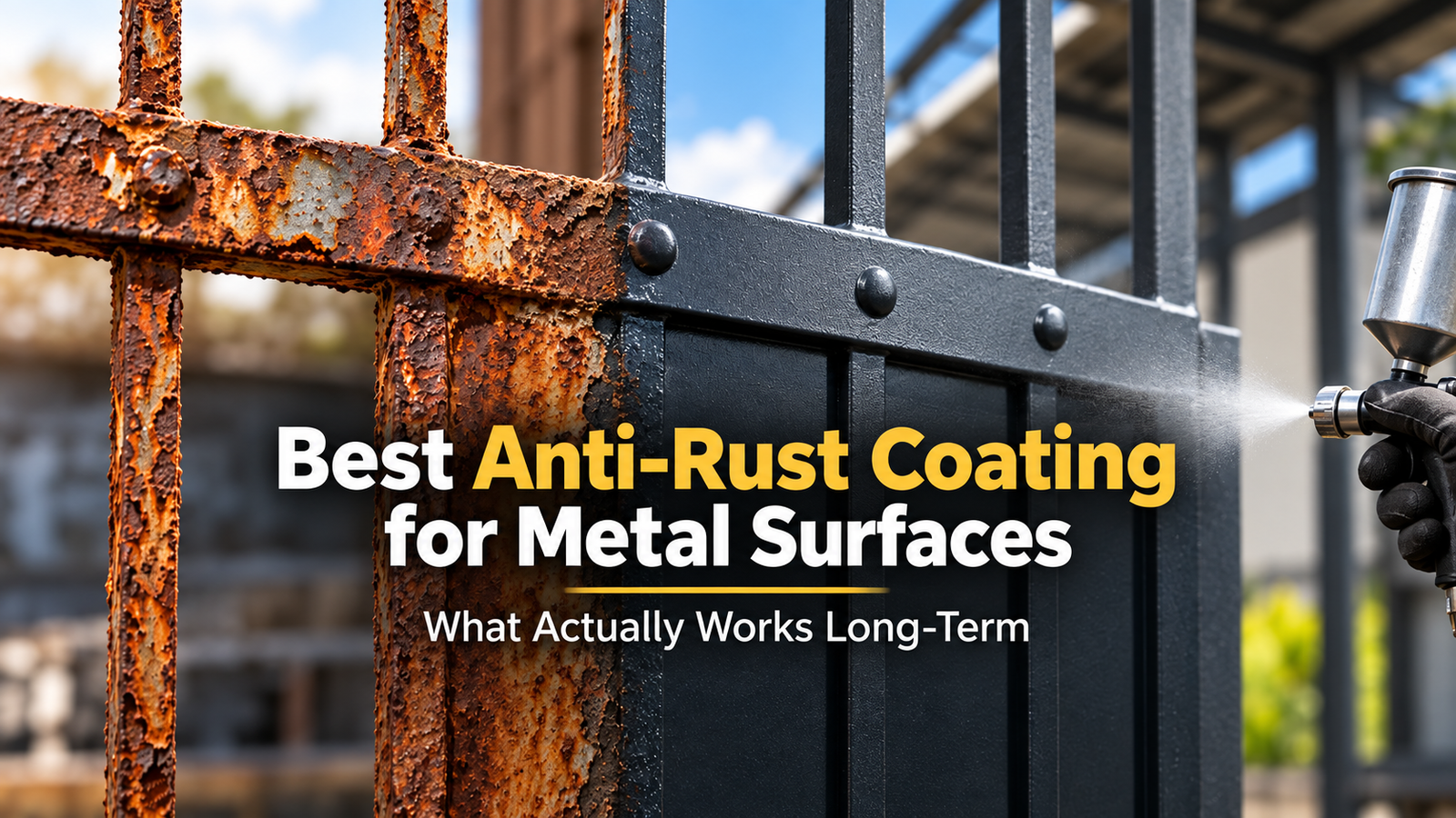 Before-and-after metal gate showing heavy rust on one side and fresh black anti-rust coating being spray-applied on the other.