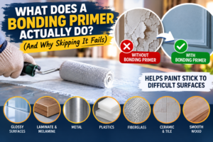 Featured blog image about bonding primer showing a paint roller applying primer, a comparison of peeling paint without bonding primer vs smooth painted surface with bonding primer, and examples of difficult surfaces like glossy cabinets, laminate, metal, plastic, fiberglass, tile, and smooth wood.