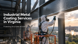 Industrial metal coating workers in protective gear spray-coating structural steel beams at a large construction site in Virginia.