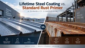 Lifetime Steel Coating vs. Standard Rust Primer durability comparison showing a coated steel roof and a rusted metal surface for corrosion protection and long-term steel performance.