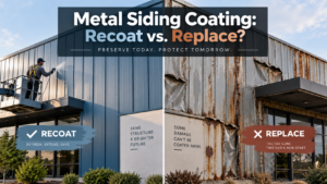 Metal siding coating comparison showing a freshly recoated metal building on the left and severely rusted, damaged siding needing replacement on the right.