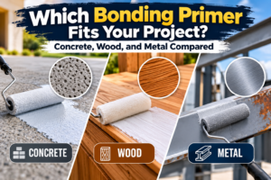 Bonding primer comparison for concrete, wood, and metal surfaces, showing primer application with paint rollers and surface textures to help choose the right professional primer coating.