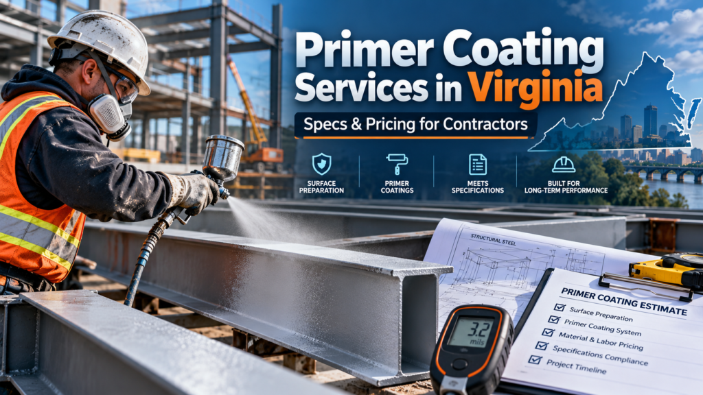 Primer coating services in Virginia for contractors, featuring a worker spray-applying primer to structural steel with pricing, specs, and surface preparation details.