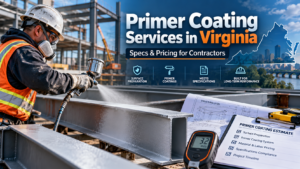 Primer coating services in Virginia for contractors, featuring a worker spray-applying primer to structural steel with pricing, specs, and surface preparation details.