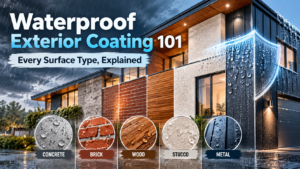Waterproof exterior coating guide showing a modern house in the rain with labeled surface types including concrete, brick, wood, stucco, and metal.